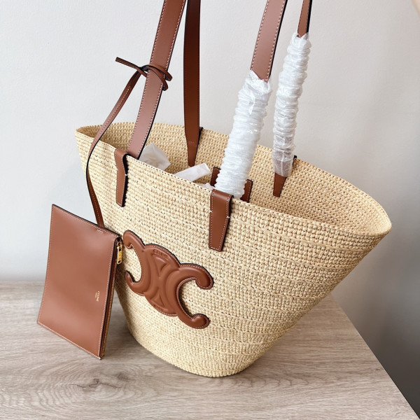 medium S*pple celin* classic panier in raffia and calfskin